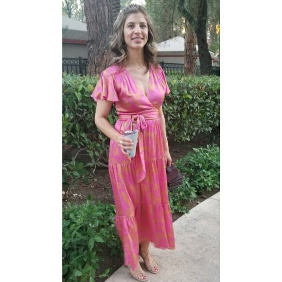 TANYA TAYLOR Women's Pink Orange Floral 100% Silk V-Neck Lisa Wrap Dress size 2 - Picture 14 of 16